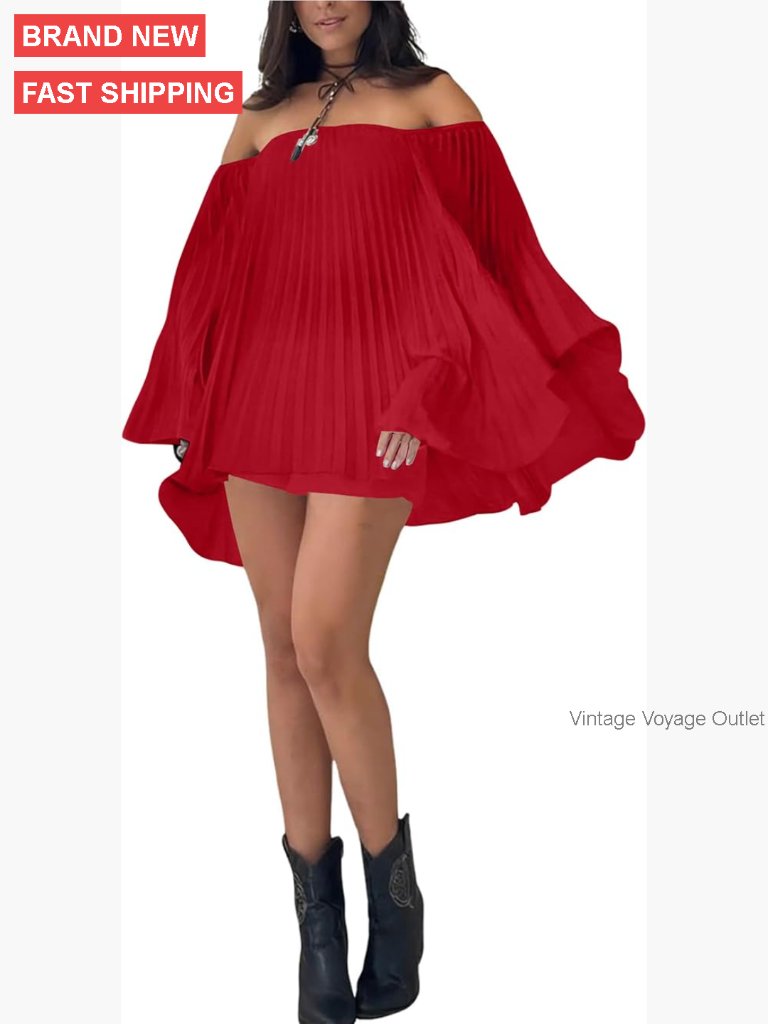 Women's Pleated Off-Shoulder Top Shorts Set Lightweight Chiffon Summer Outfit